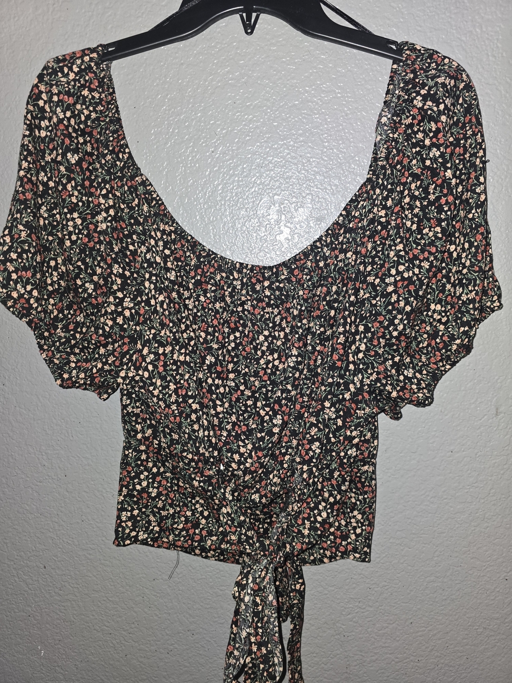 Floral Puff-Sleeve Tie-Front Top - Black with Pink & Cream Floral